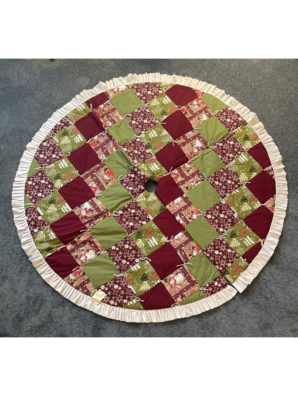 Handmade Quilted Christmas Tree Skirt w/ White Ruffle Edge,  60" Diameter